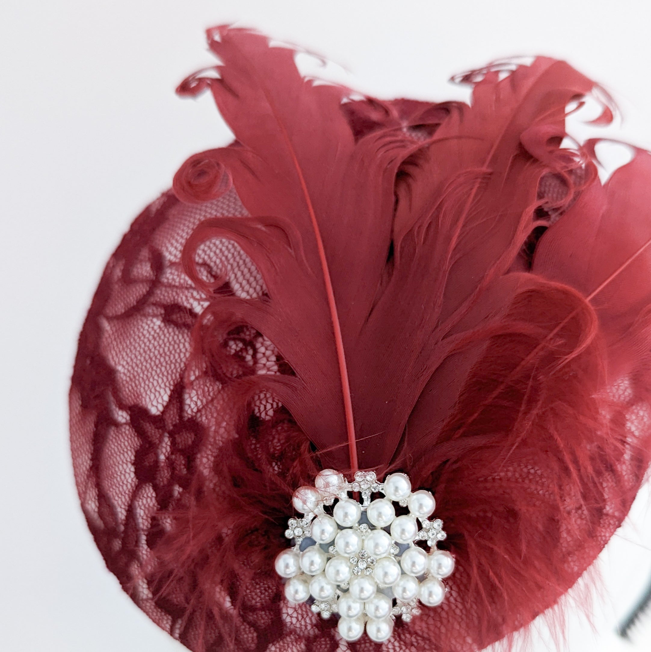 Burgundy lace crystal pearl feather small fascinator hat