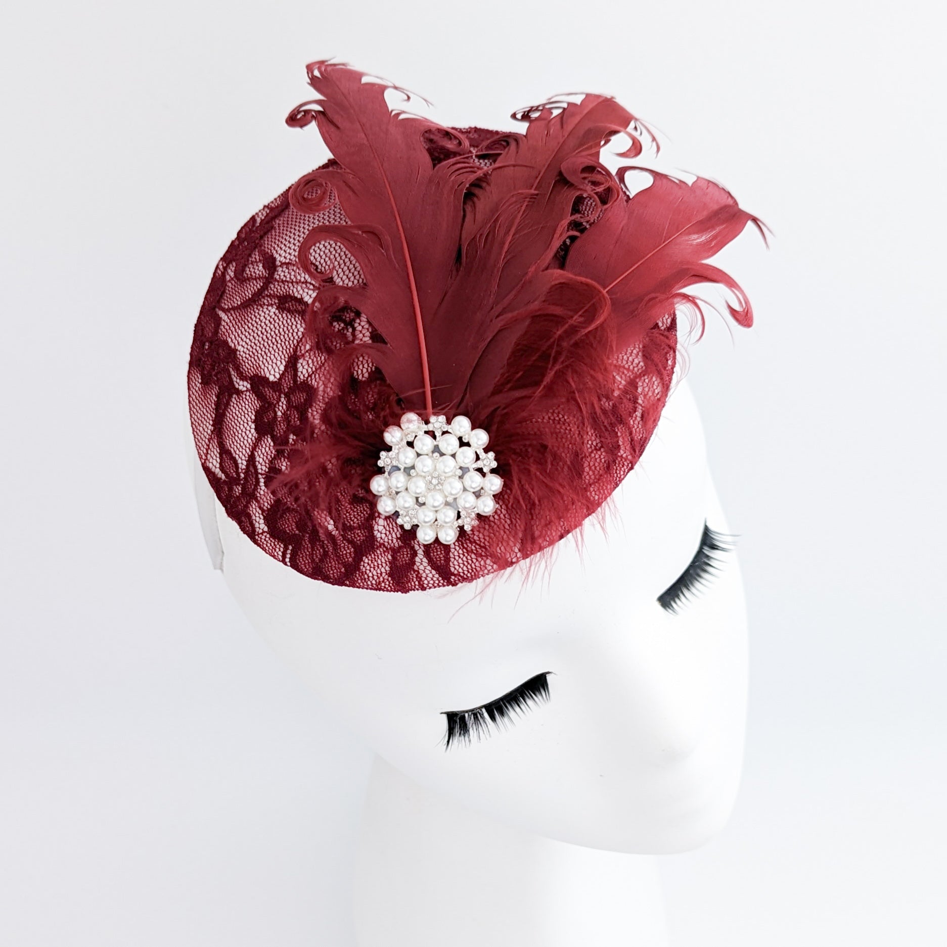 Burgundy lace crystal pearl feather small fascinator hat