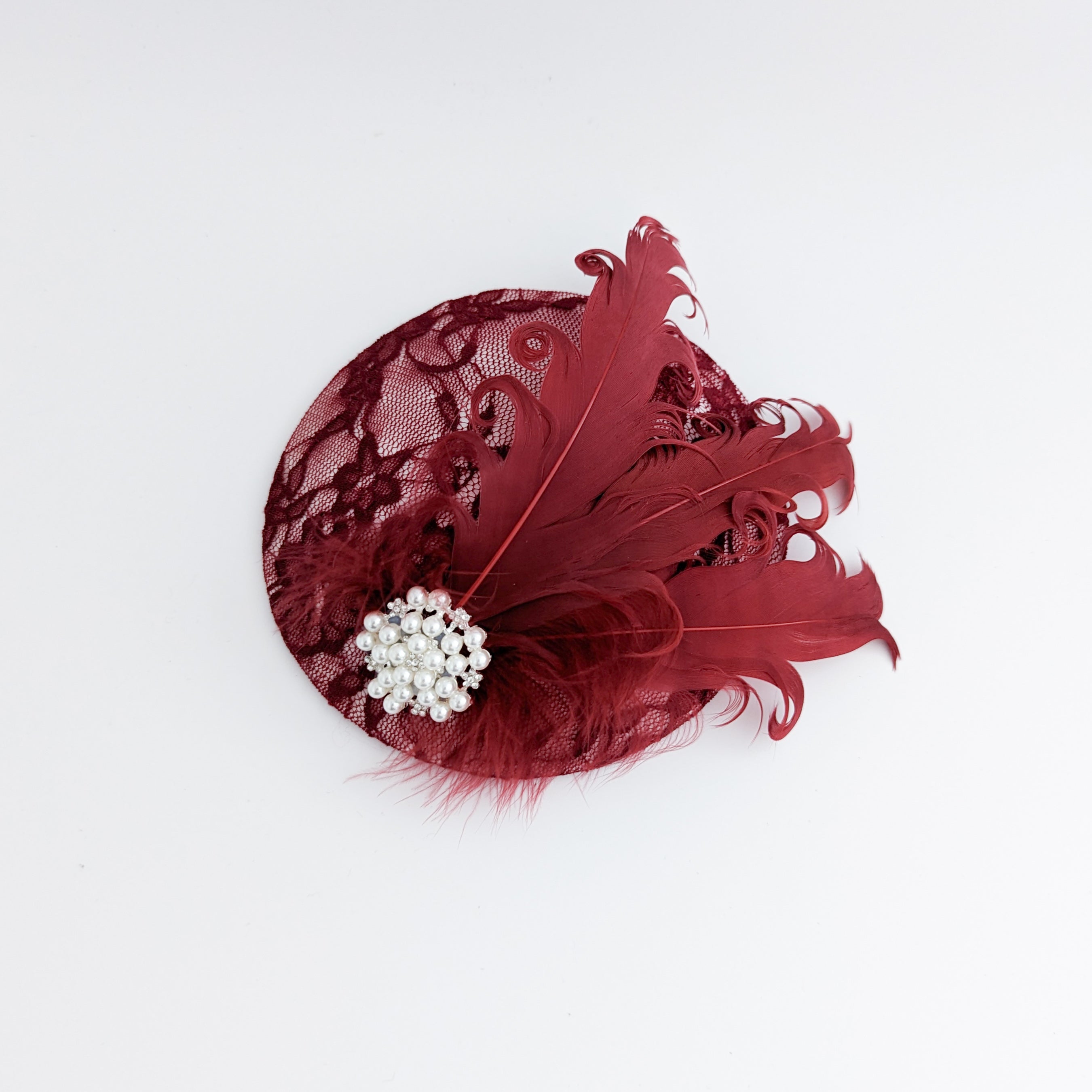 Burgundy lace crystal pearl feather small fascinator hat