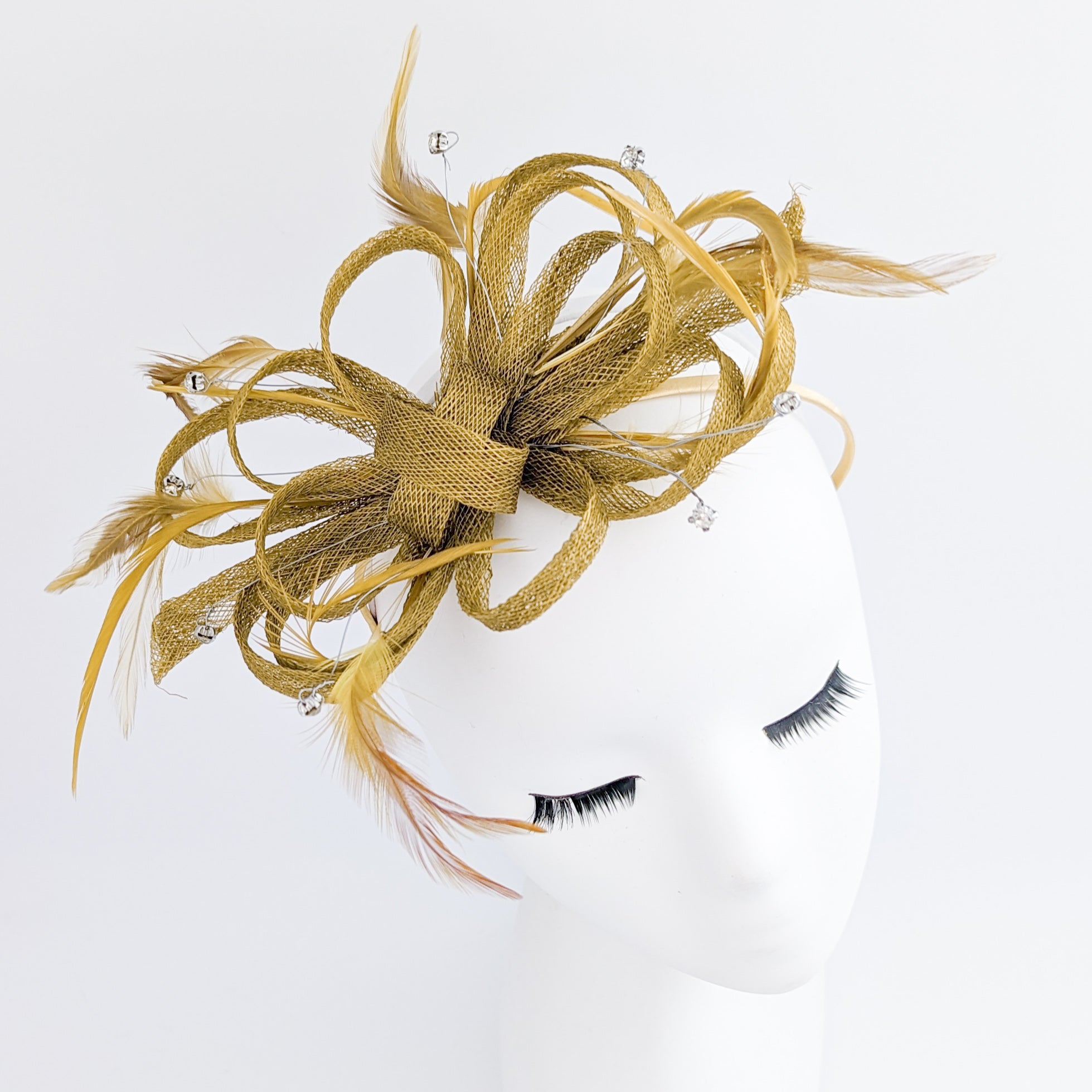 Bronze brown crystal feather fascinator hat