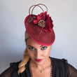 Burgundy flower disc saucer fascinator hat