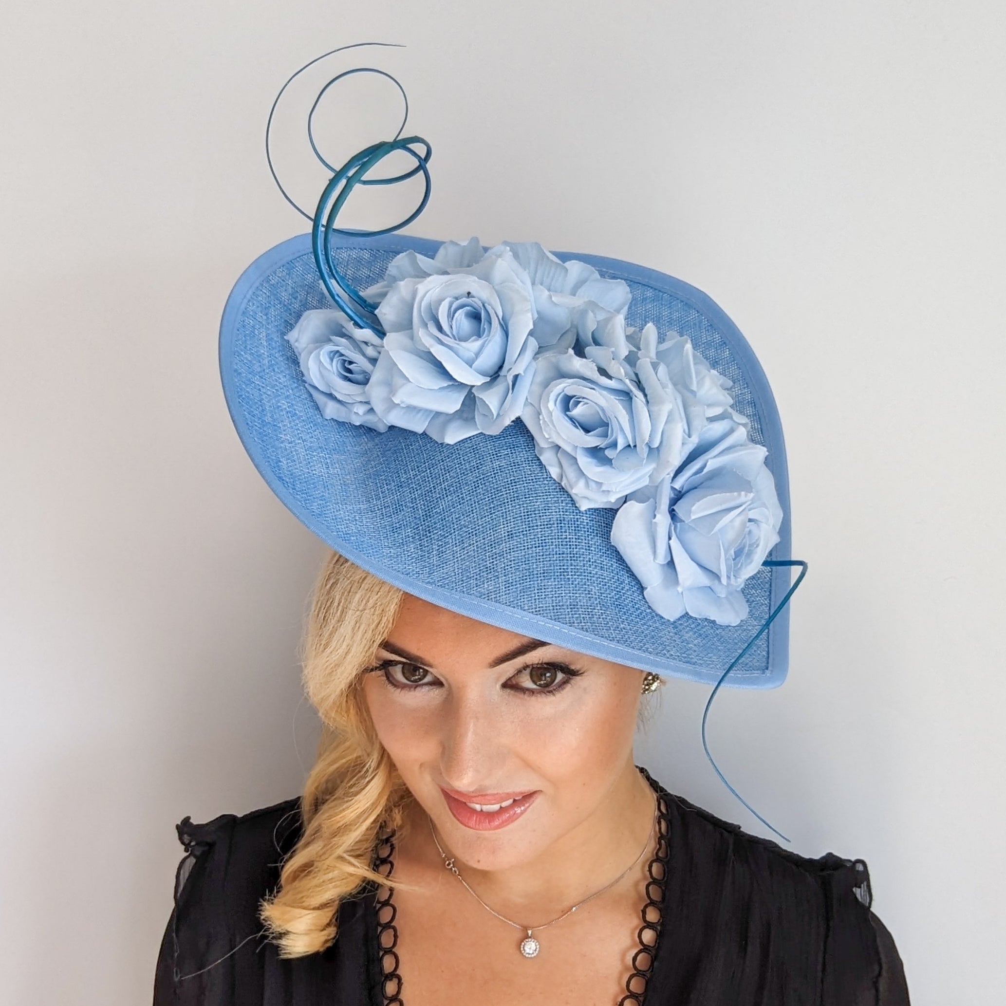 Light cornflower blue large teardrop rose flower fascinator hat