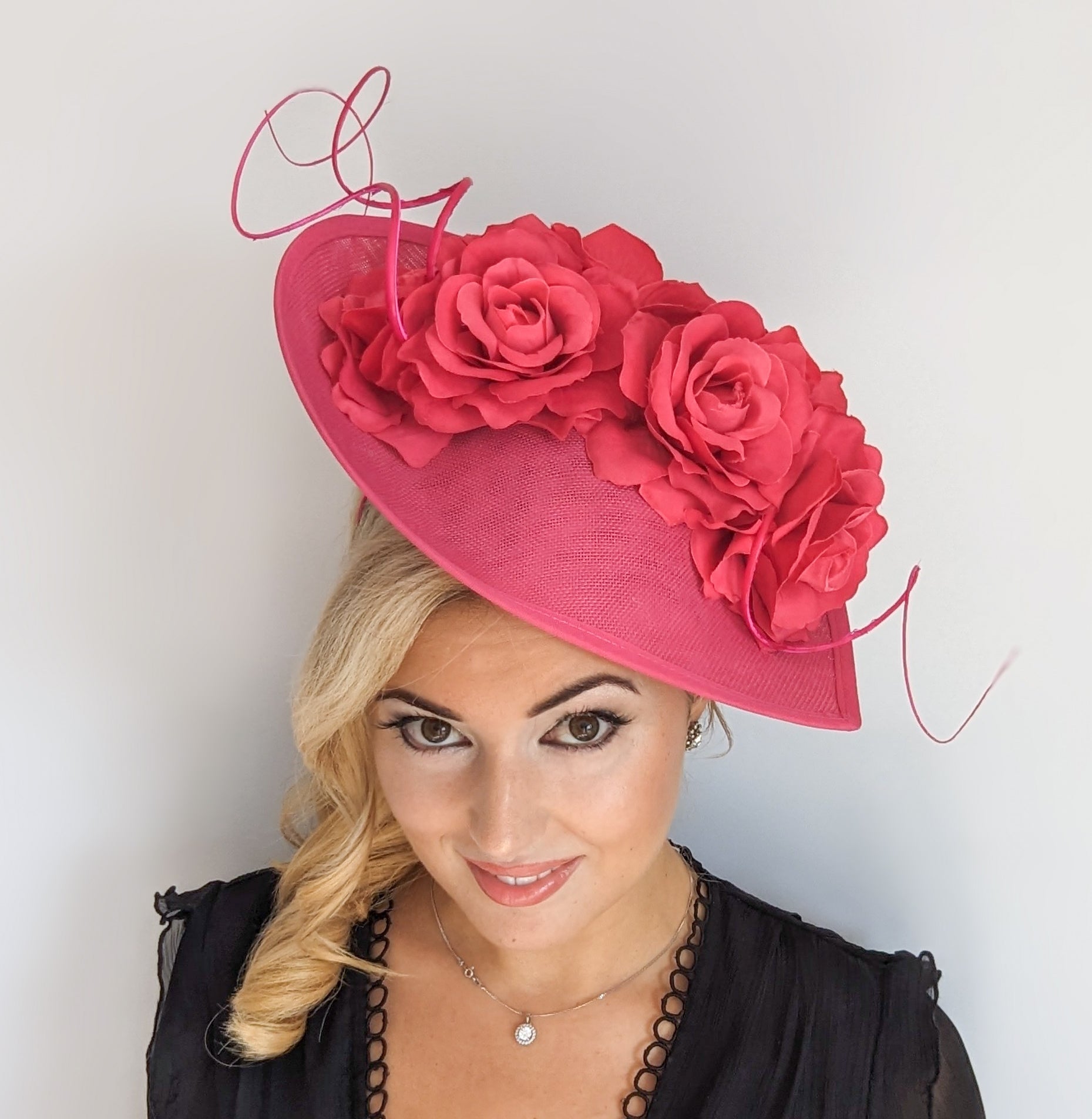 Fuchsia pink large teardrop rose flower fascinator hat