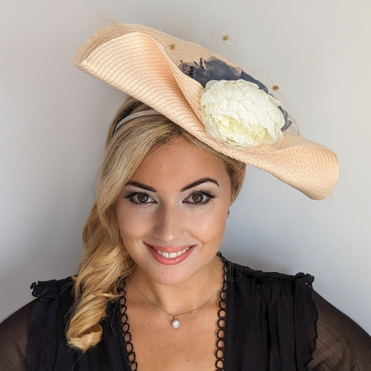 Pale peach large woven straw flower fascinator hat