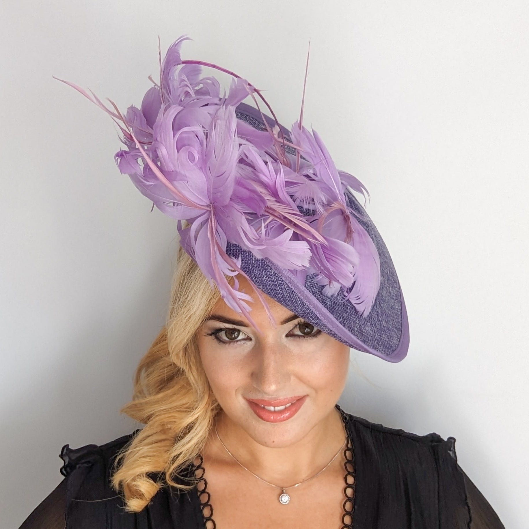 Lavender purple and lilac feather large saucer disc fascinator hat