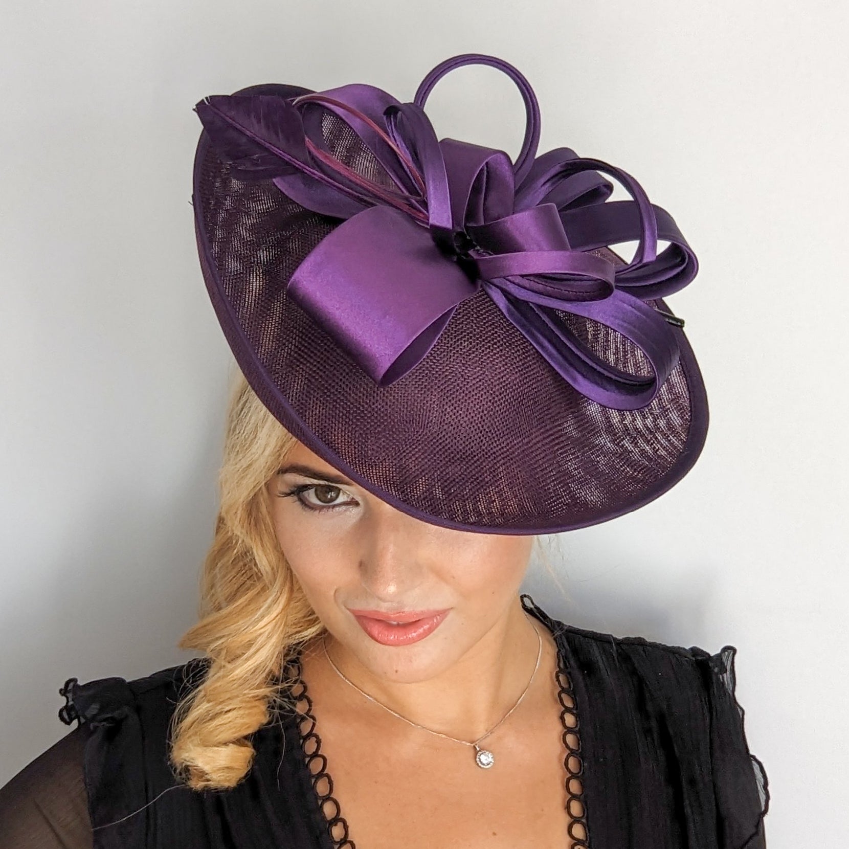 Dark aubergine purple feather large saucer disc fascinator hat