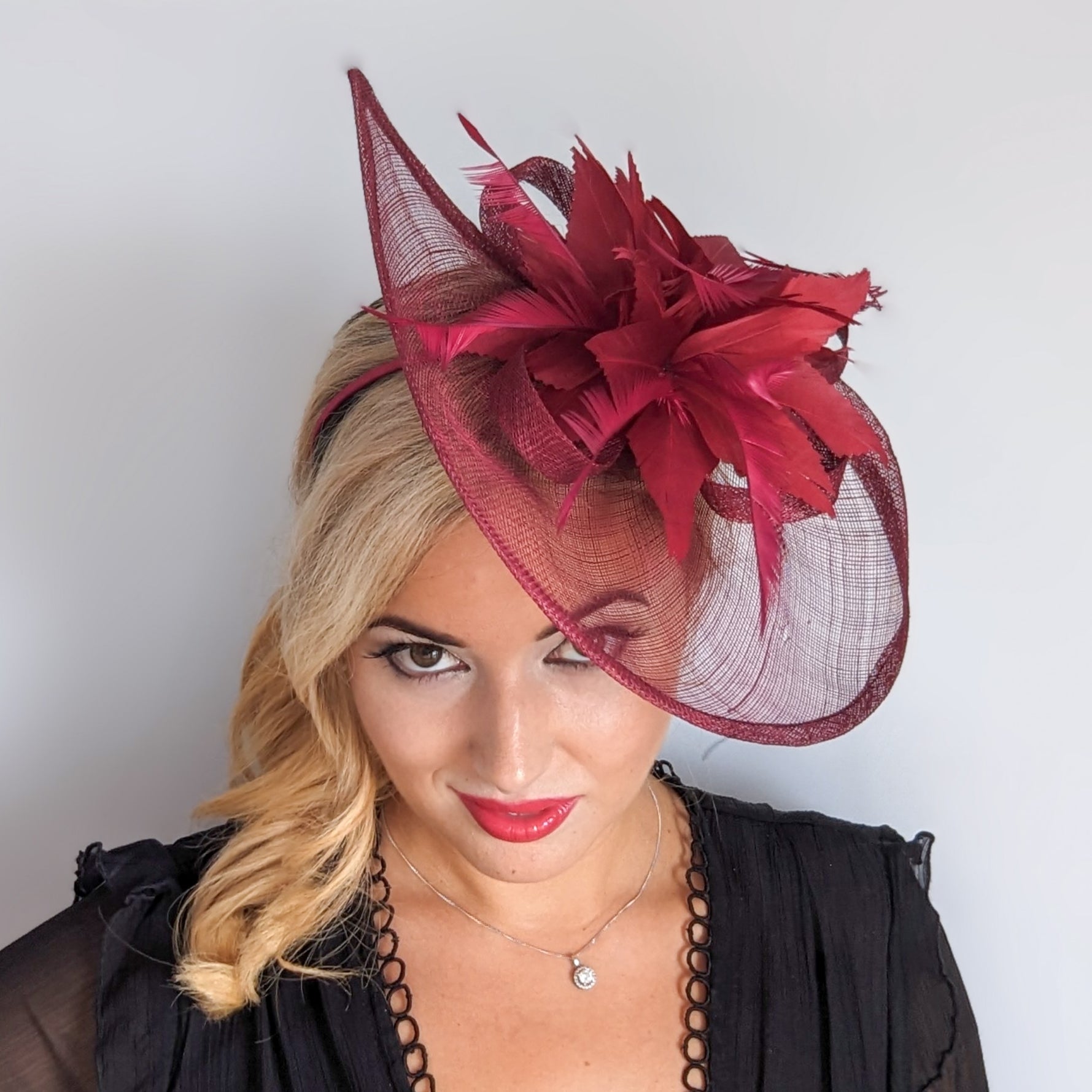 Burgundy feather large teardrop fascinator hat