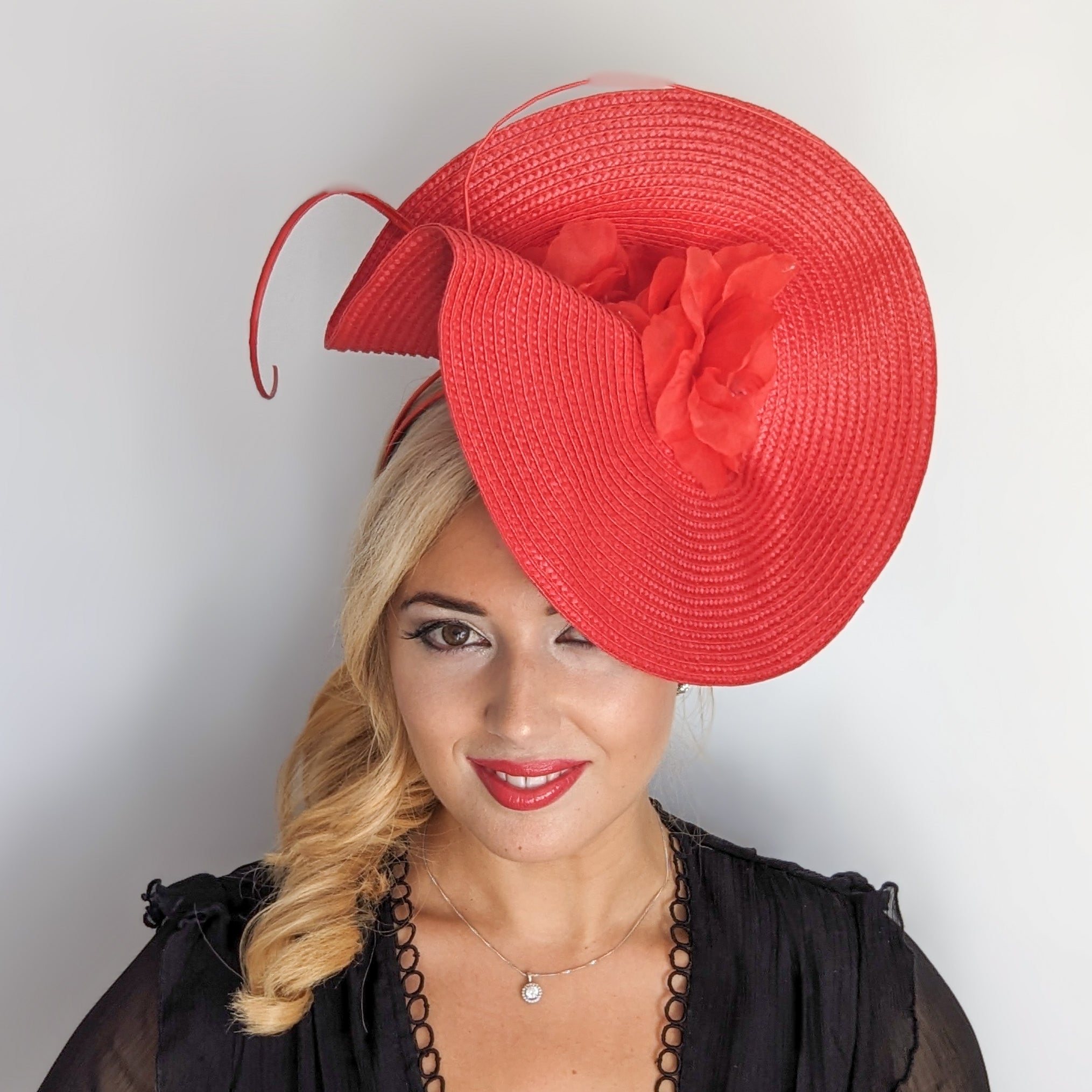 Red large woven straw flower fascinator hat