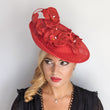 Red large orchid flower saucer disc fascinator hat