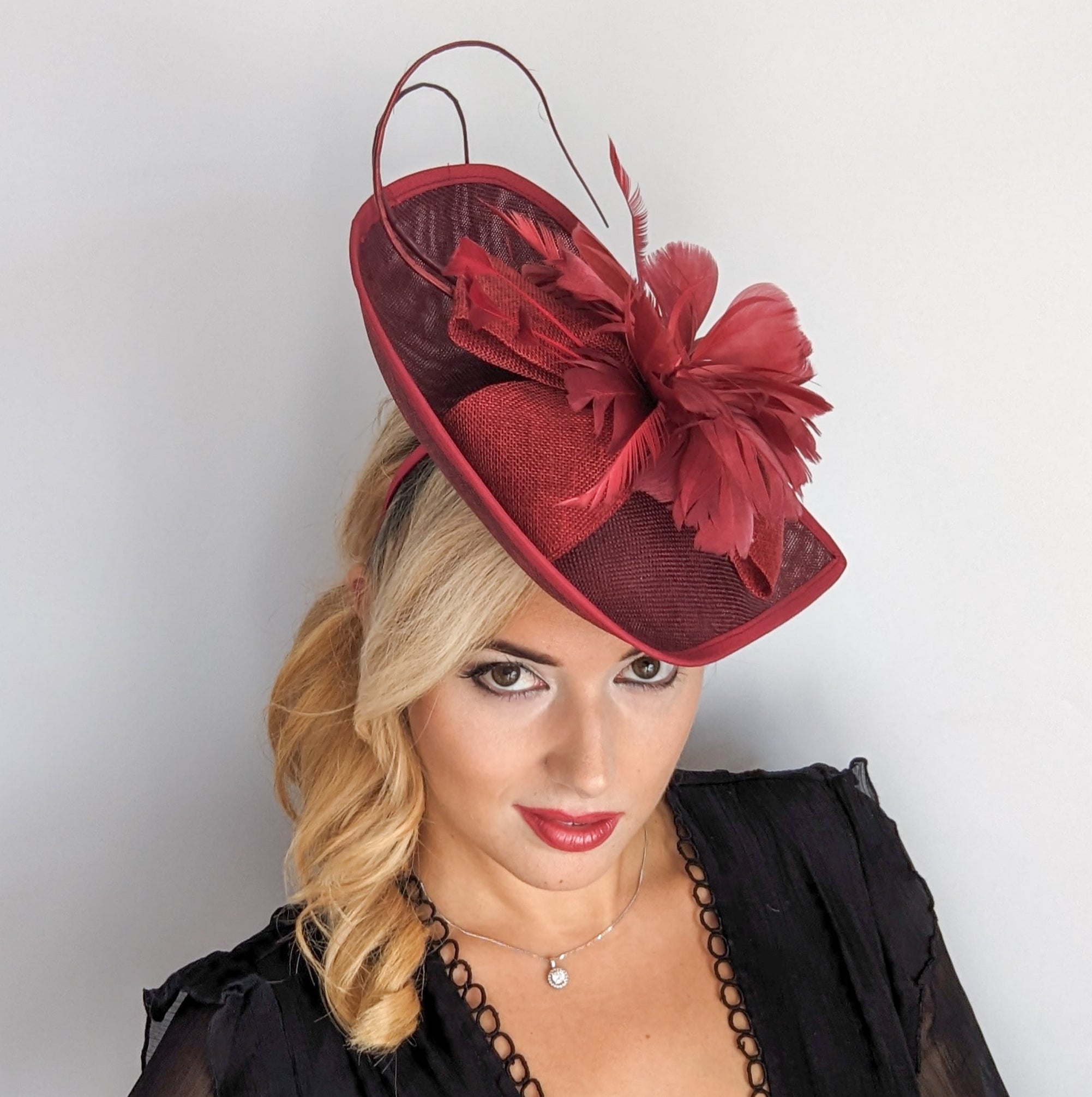 Burgundy large teardrop feather fascinator hat