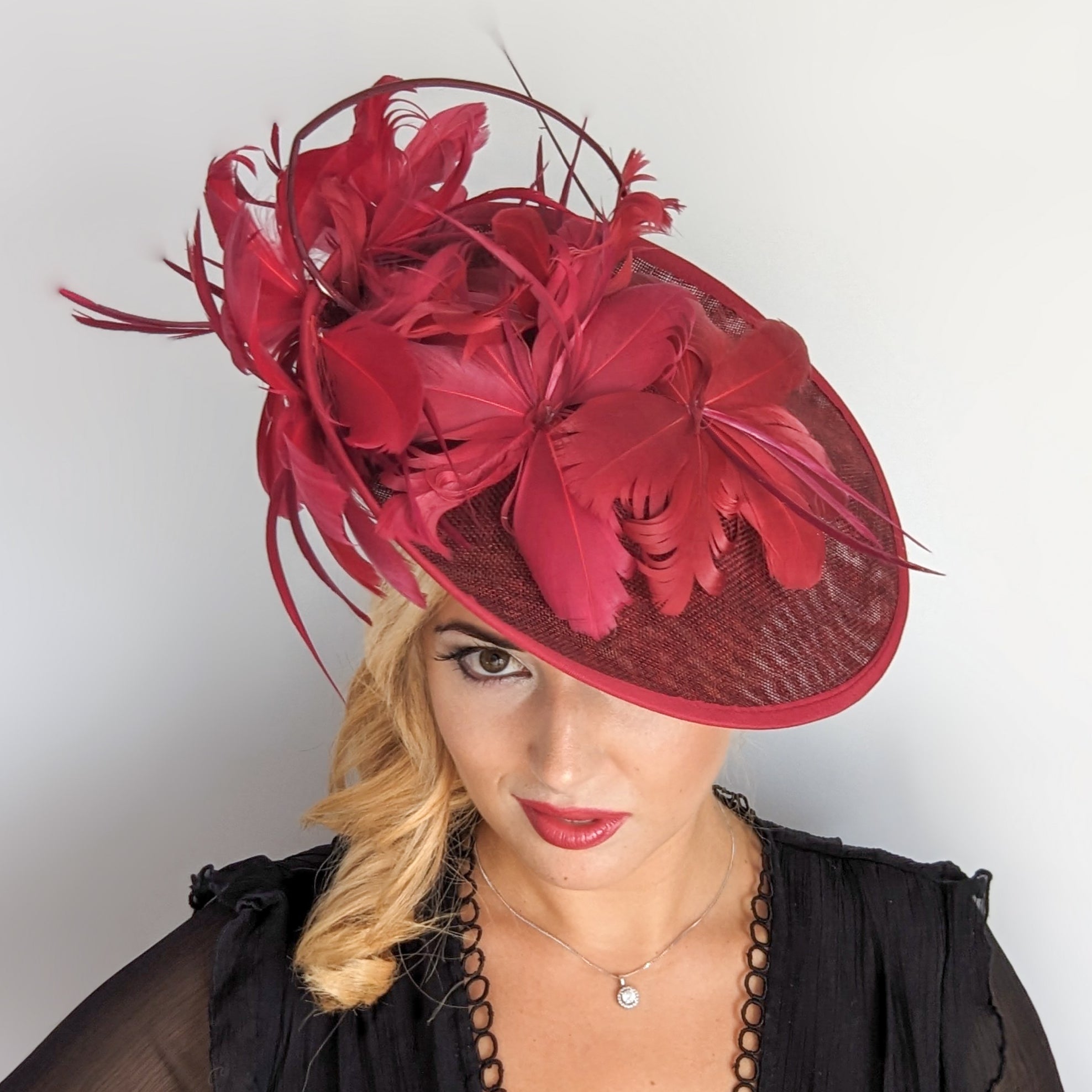 Burgundy feather large saucer disc fascinator hat