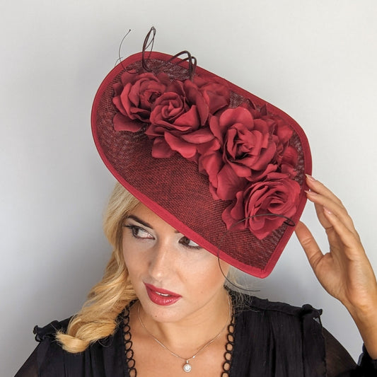 Burgundy large teardrop rose flower fascinator hat