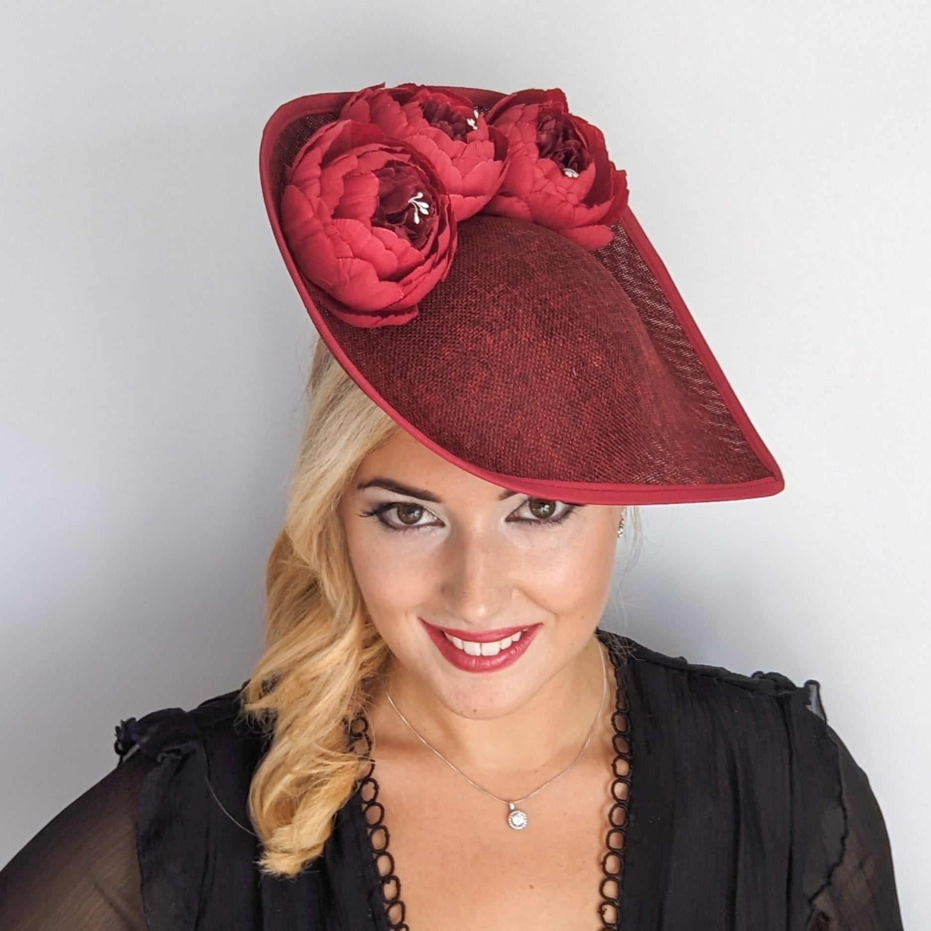 Burgundy large teardrop peony flower fascinator hat