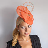 Coral orange crystal bow fascinator hat