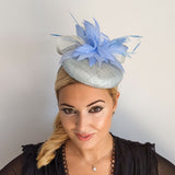 Aquamarine light cornflower blue pearl feather fascinator hat