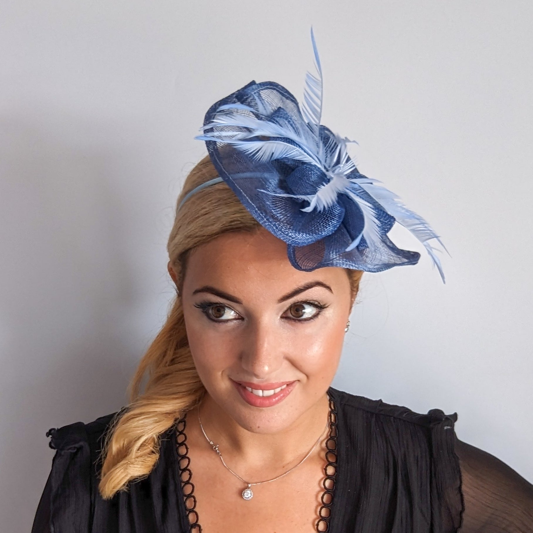 Cornflower blue feather fascinator hat – House of Hats