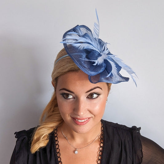 Cornflower blue feather fascinator hat