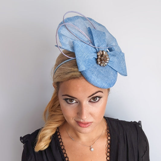 Light cornflower blue crystal bow fascinator hat