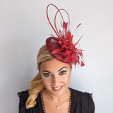 Burgundy crystal feather fascinator hat