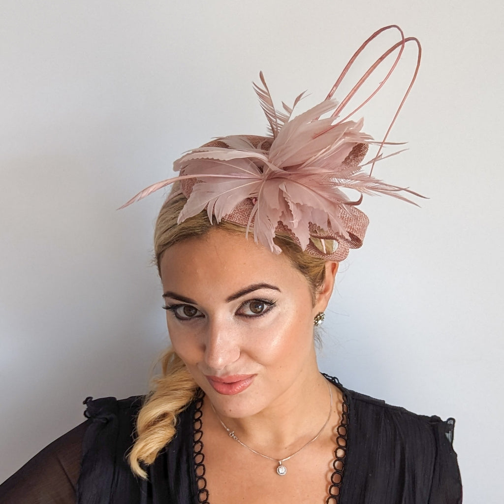 Blush pink feather fascinator hat House of Hats