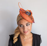 Orange and purple flower fascinator disc saucer hat