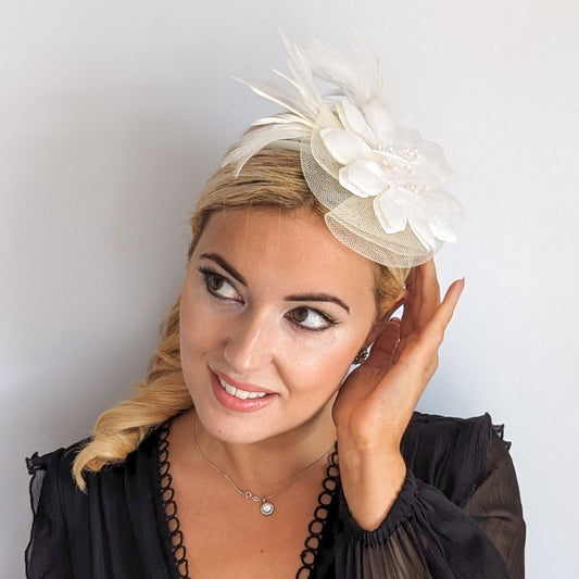 Cream feather flower fascinator hat