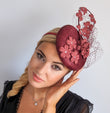 Burgundy flower fascinator hat