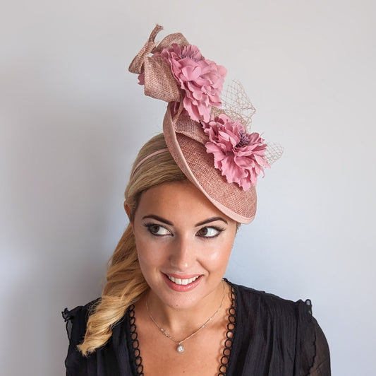 Blush pink flower fascinator disc saucer hat