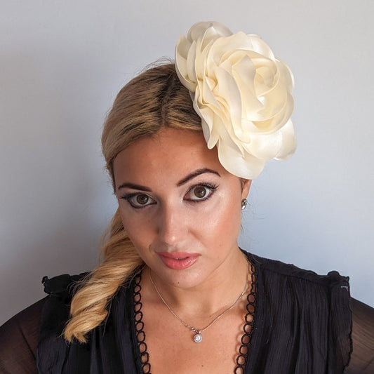 Large cream satin rose fascinator hat