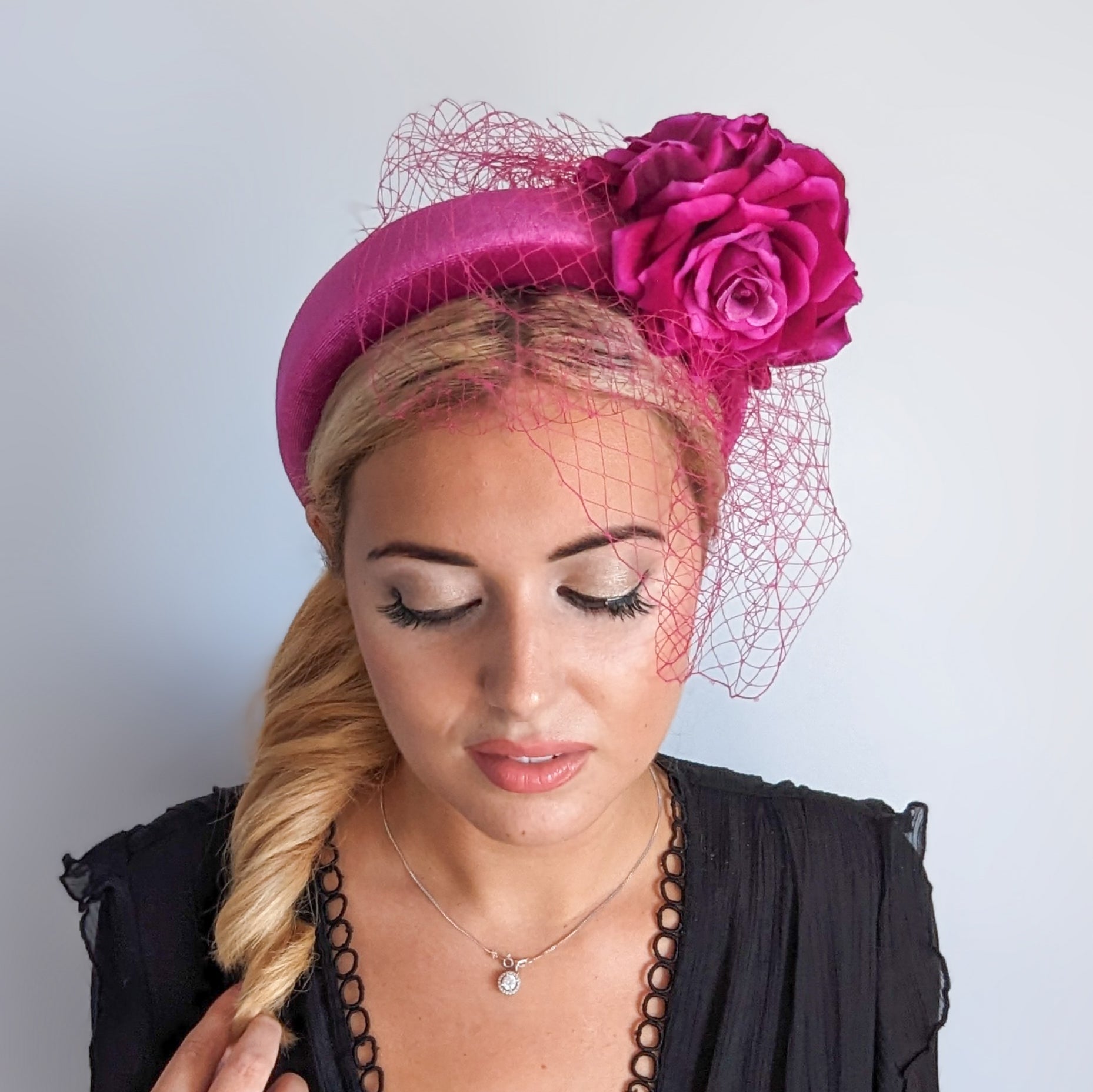 Magenta pink flower padded velvet headband fascinator