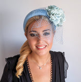 Light cornflower blue aquamarine flower padded velvet headband fascinator