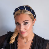 Midnight blue pearl ruched padded velvet headband fascinator