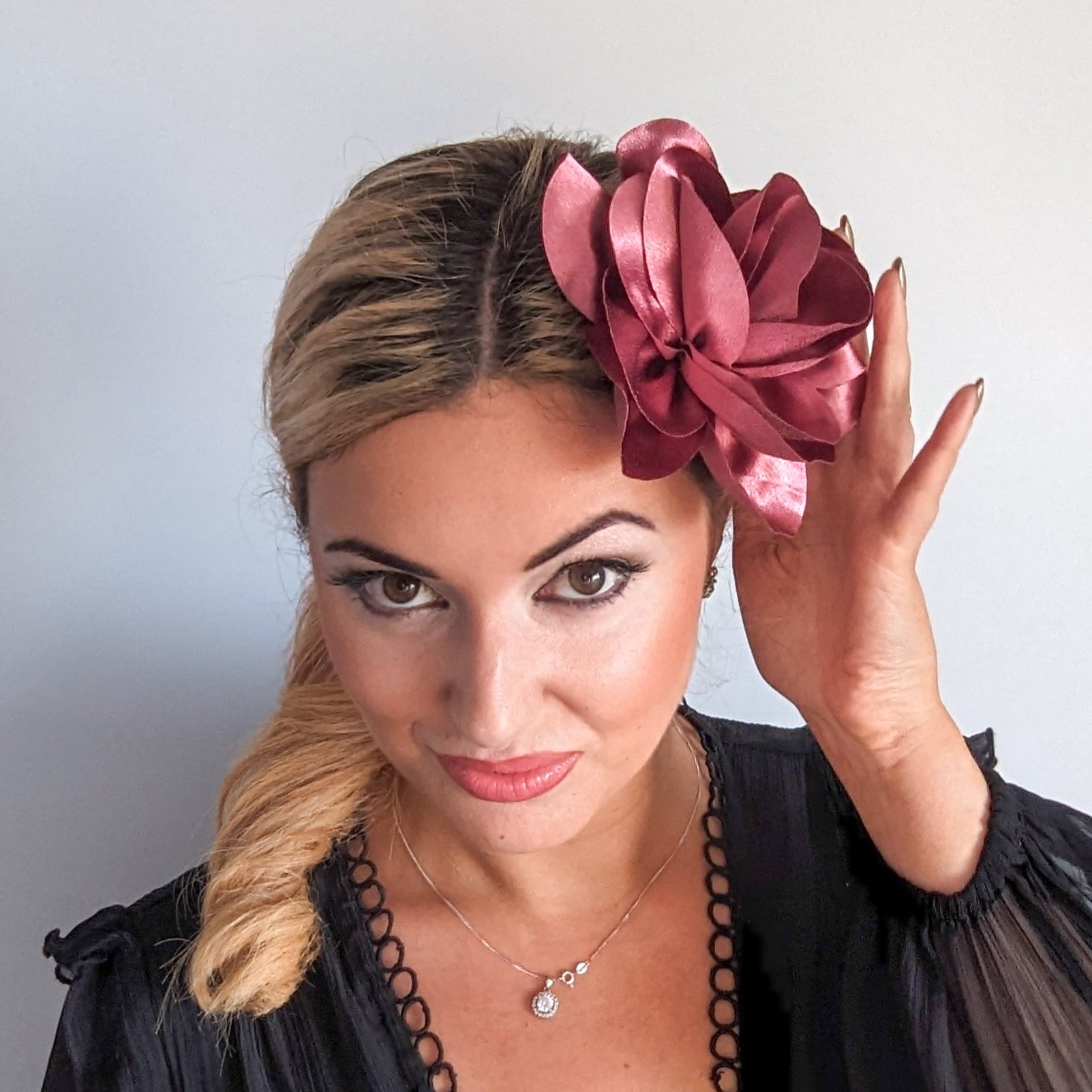 Dusty mulberry satin rose fascinator hat