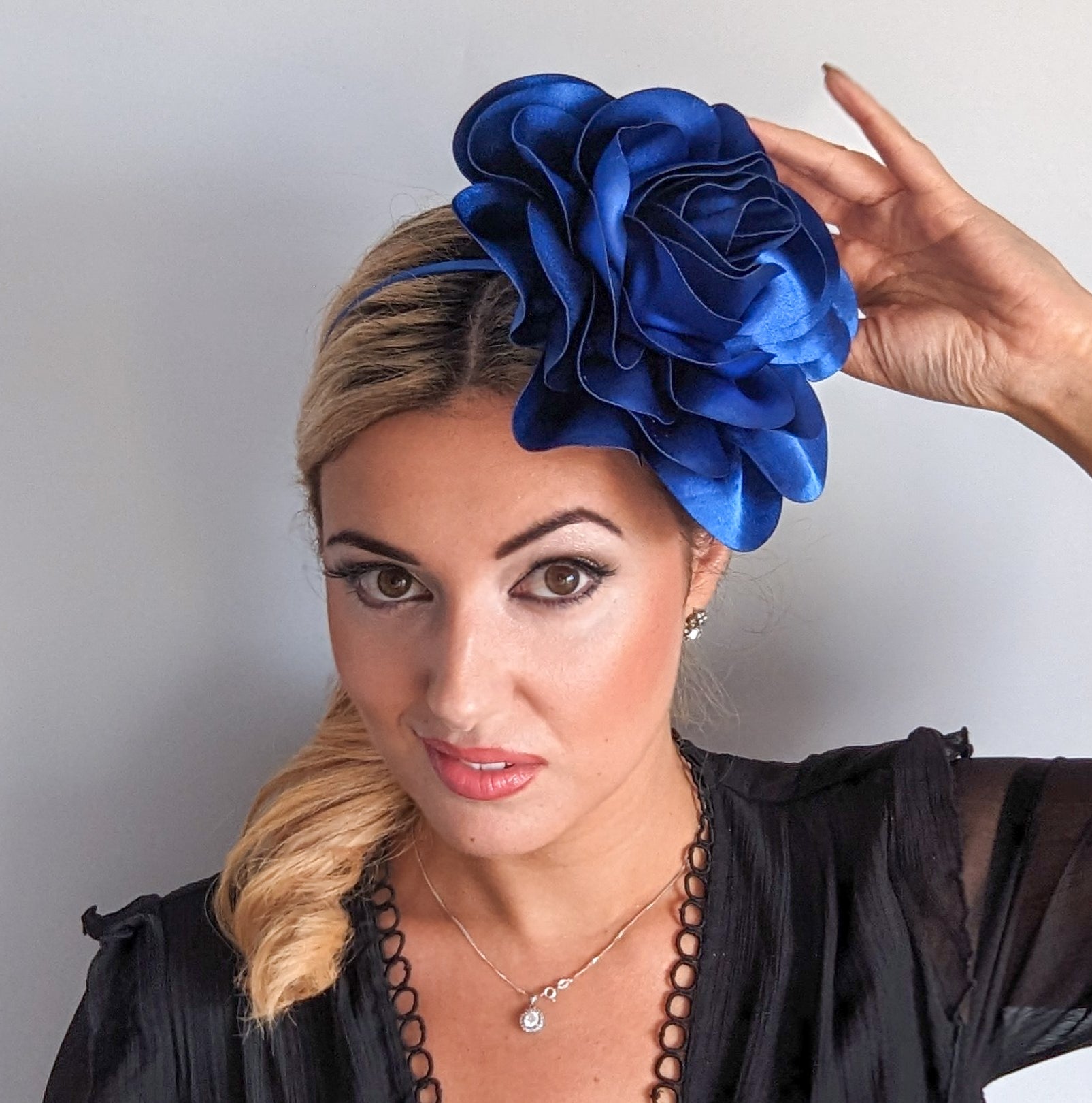 Large royal cobalt blue satin rose fascinator hat