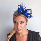 Royal cobalt blue crystal feather fascinator hat