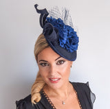 Navy blue flower fascinator disc saucer hat