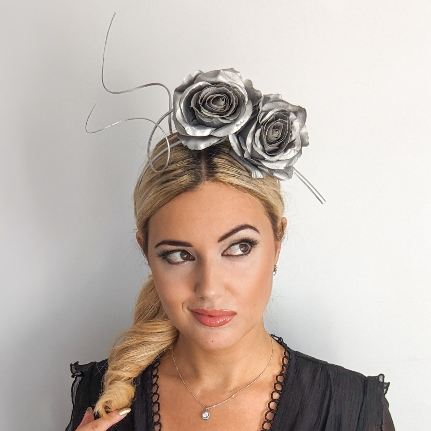 Silver shimmer rose flower fascinator hat