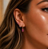 14K Gold Plated Dainty Flower Huggie Hoop Stacking Earrings Set Of 3, Green Pink Blue Earrings, CZ Crystal Stud, Minimalist Birthday Gift