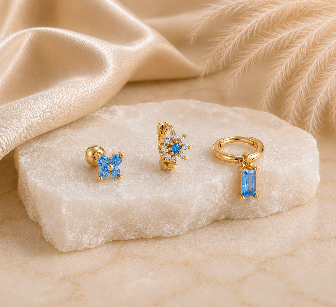 14K Gold Plated Dainty Flower Huggie Hoop Stacking Earrings Set Of 3, Green Pink Blue Earrings, CZ Crystal Stud, Minimalist Birthday Gift