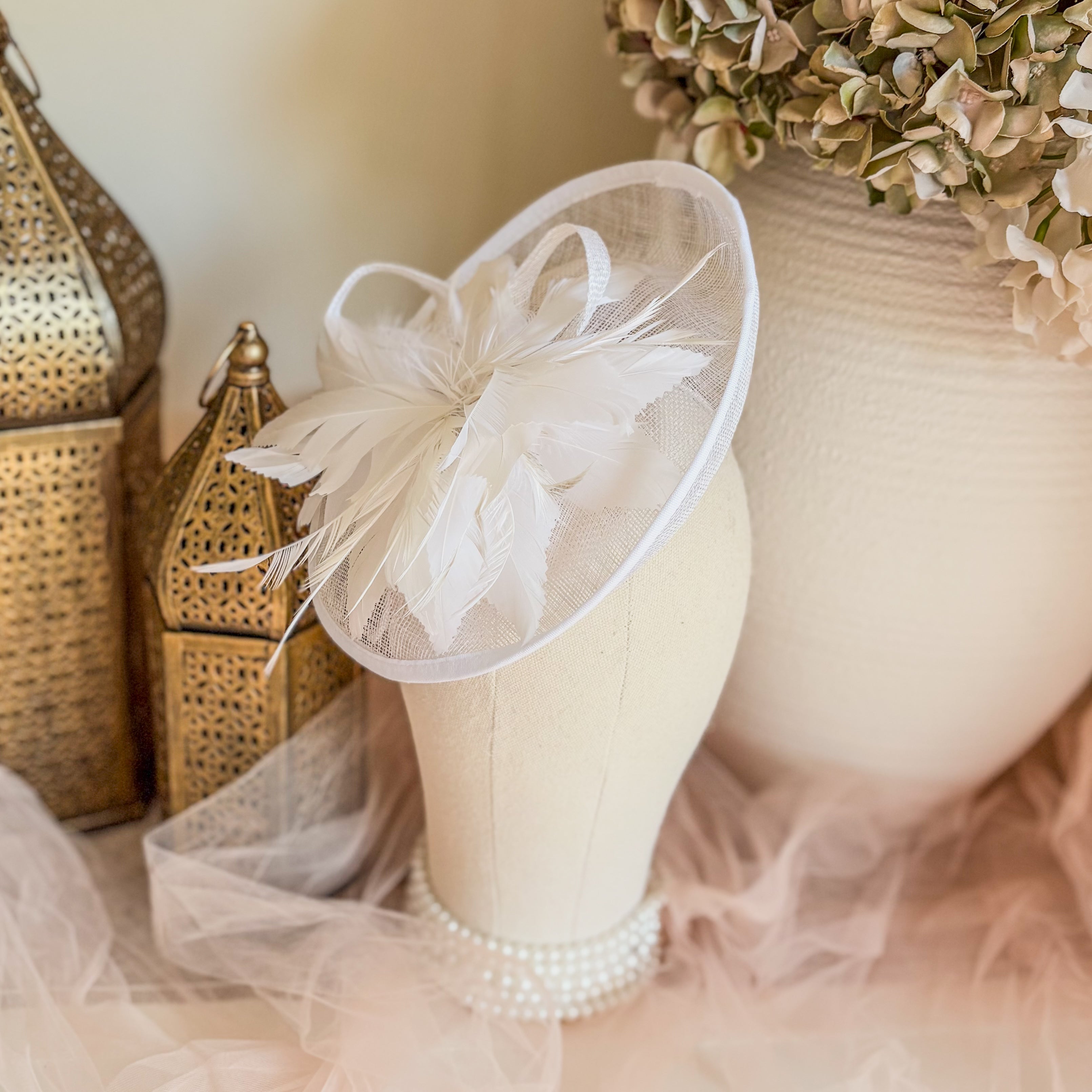 White feather disc saucer fascinator hat