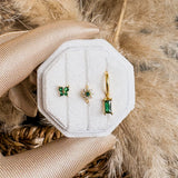 14K Gold Plated Dainty Flower Huggie Hoop Stacking Earrings Set Of 3, Green Pink Blue Earrings, CZ Crystal Stud, Minimalist Birthday Gift