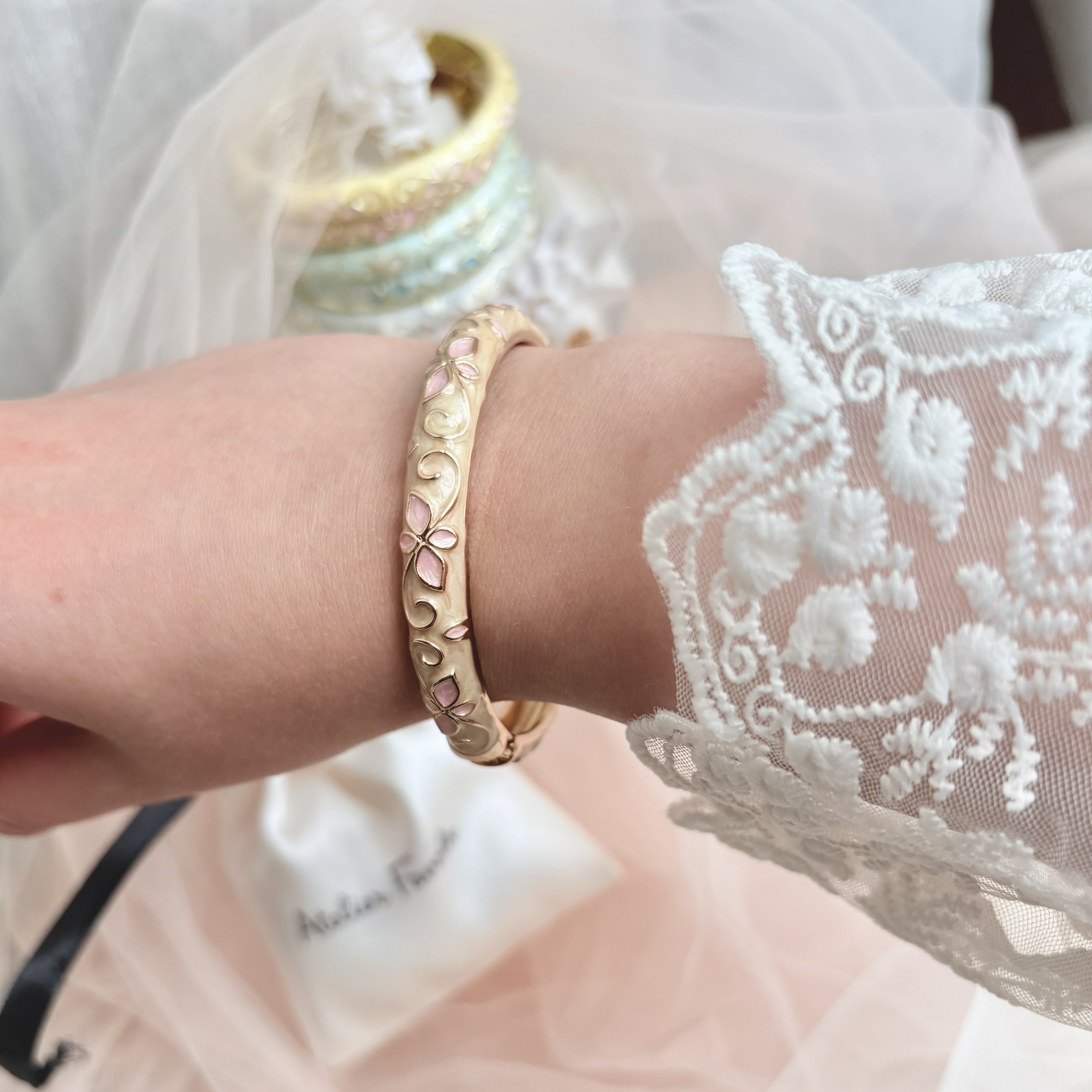 Cloisonné Enamel Pastel Bangles— Faerie Flower Gold Stacking Bracelets