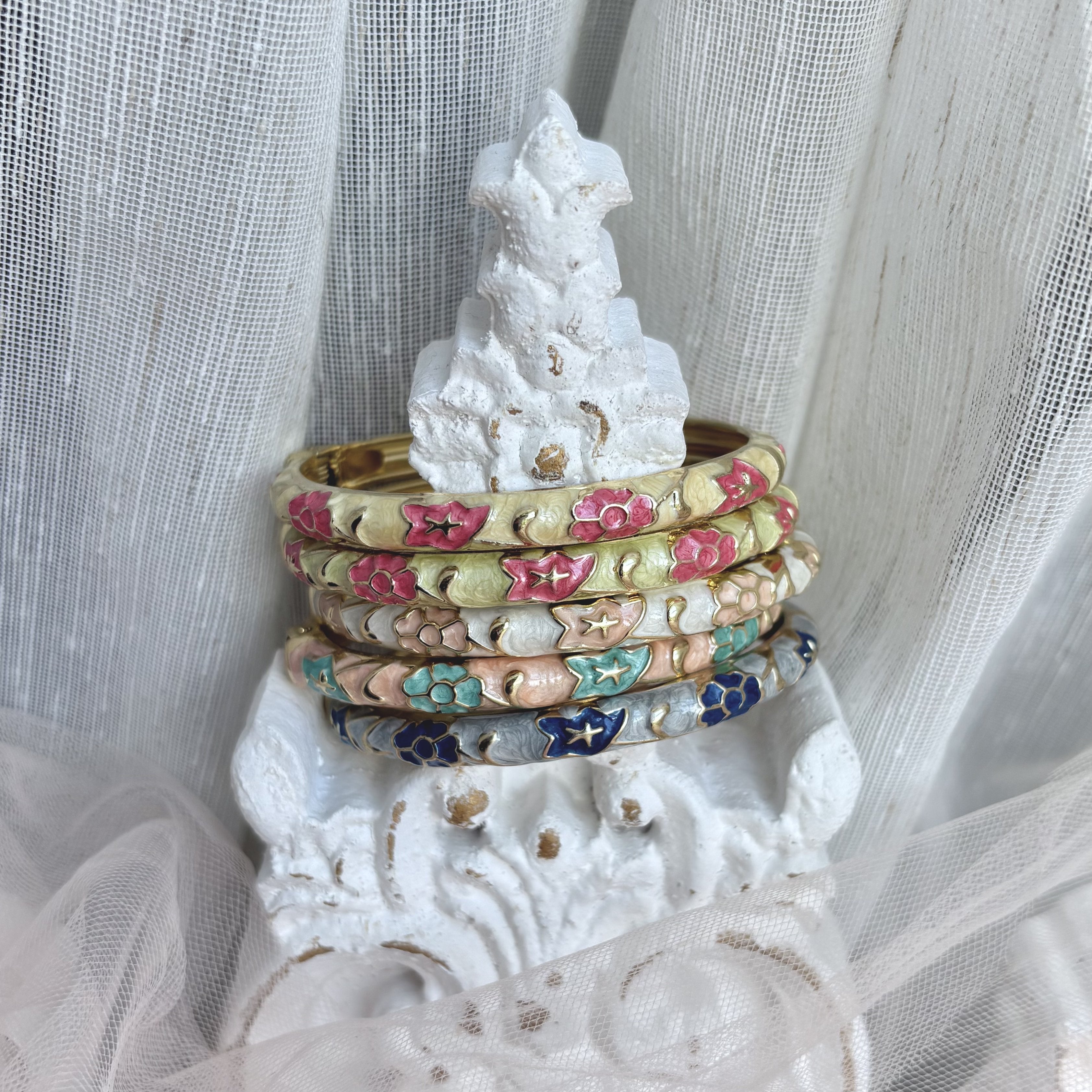 Cloisonné Enamel Bangles - Maple Moonflower Gold Stacking Bracelets