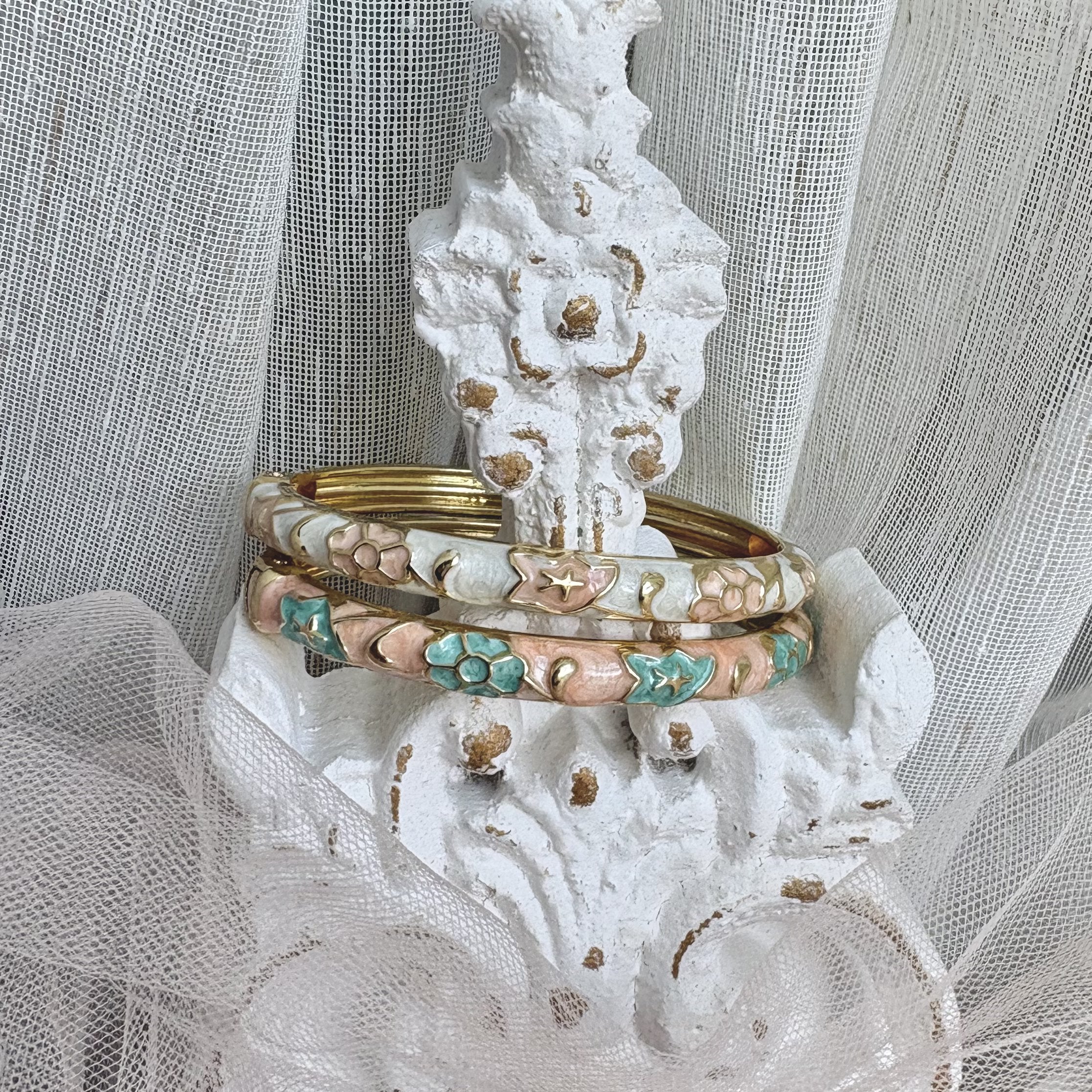 Cloisonné Enamel Bangles - Maple Moonflower Gold Stacking Bracelets