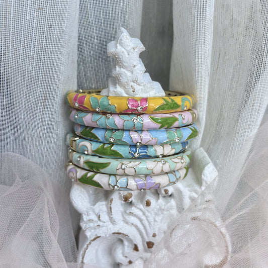 Cloisonné Enamel Bangles -Lotus Flower Gold Stacking Bracelets
