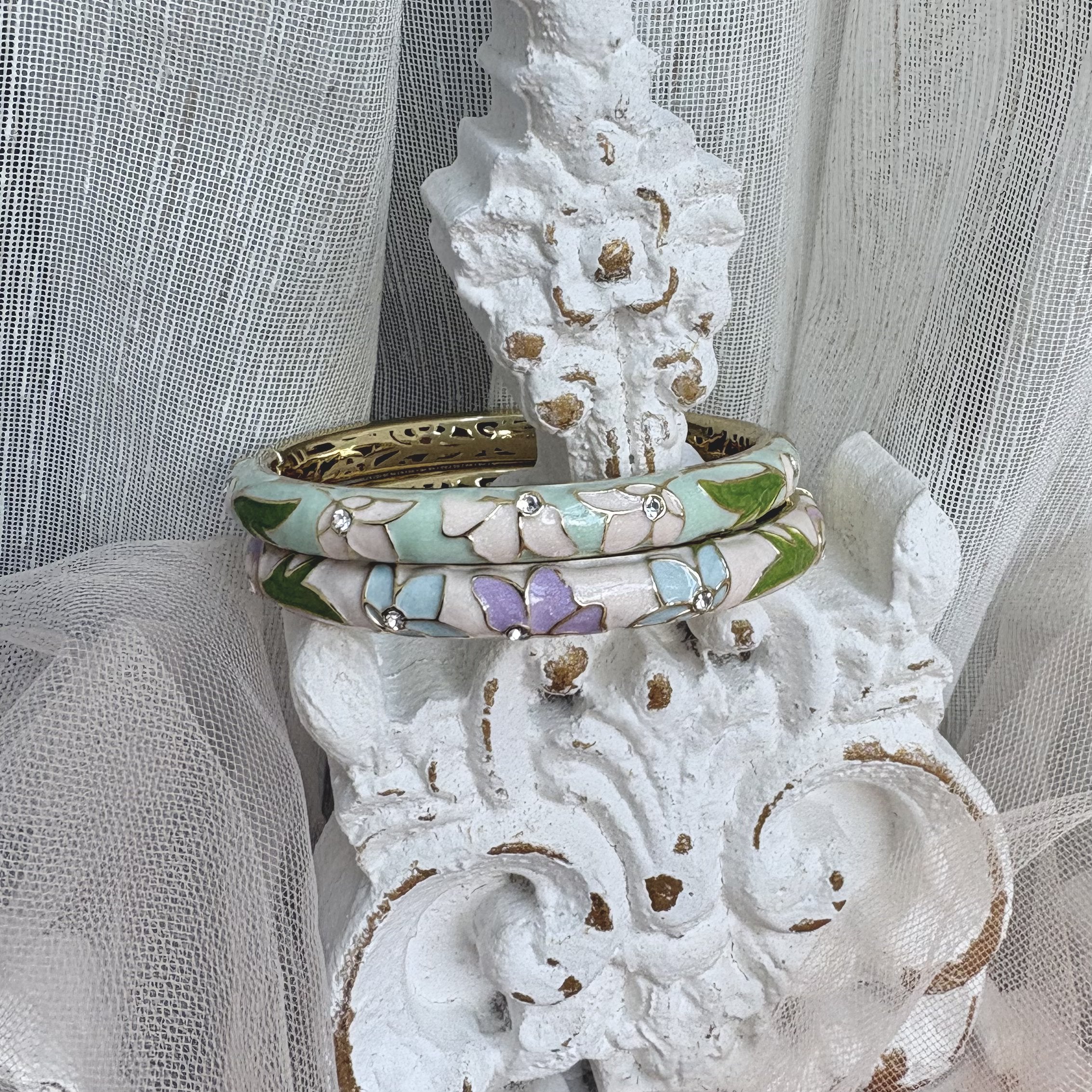 Cloisonné Enamel Bangles -Lotus Flower Gold Stacking Bracelets