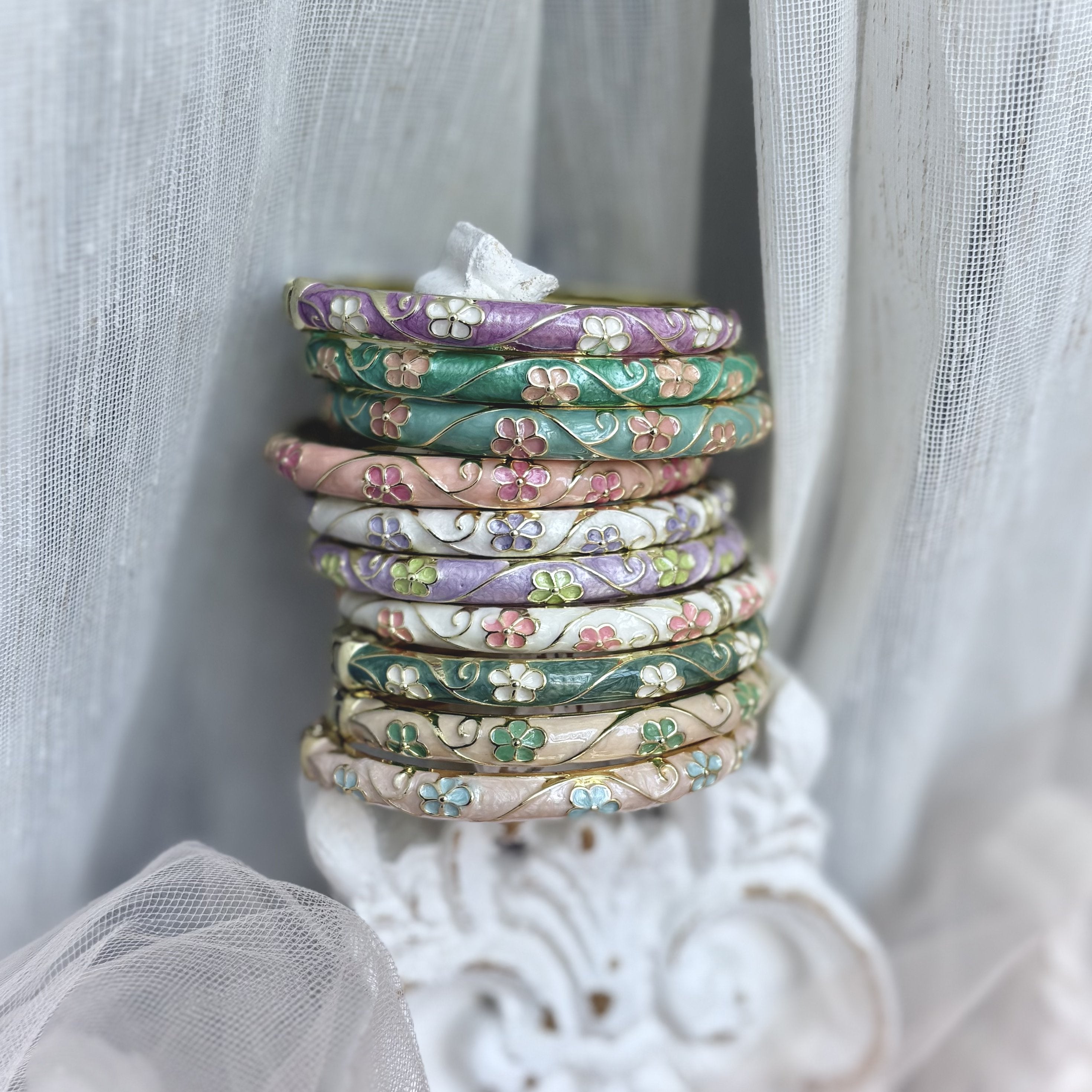 Cloisonné Enamel Flower Bangles -Midsummer Daisy Gold Stacking Bracelets