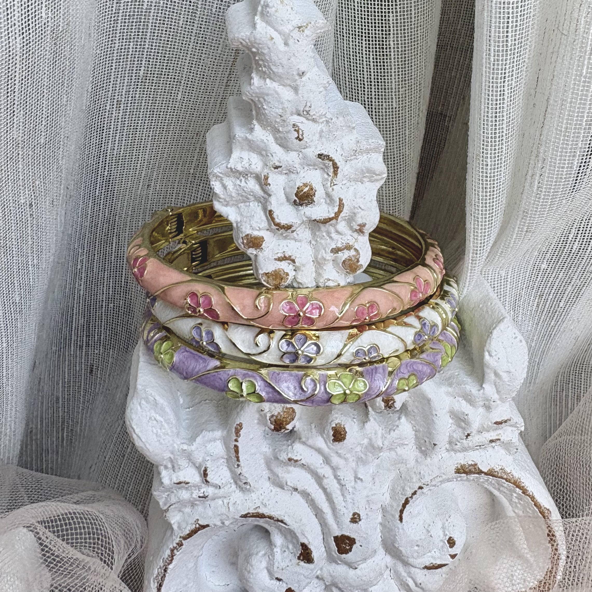 Cloisonné Enamel Flower Bangles -Midsummer Daisy Gold Stacking Bracelets