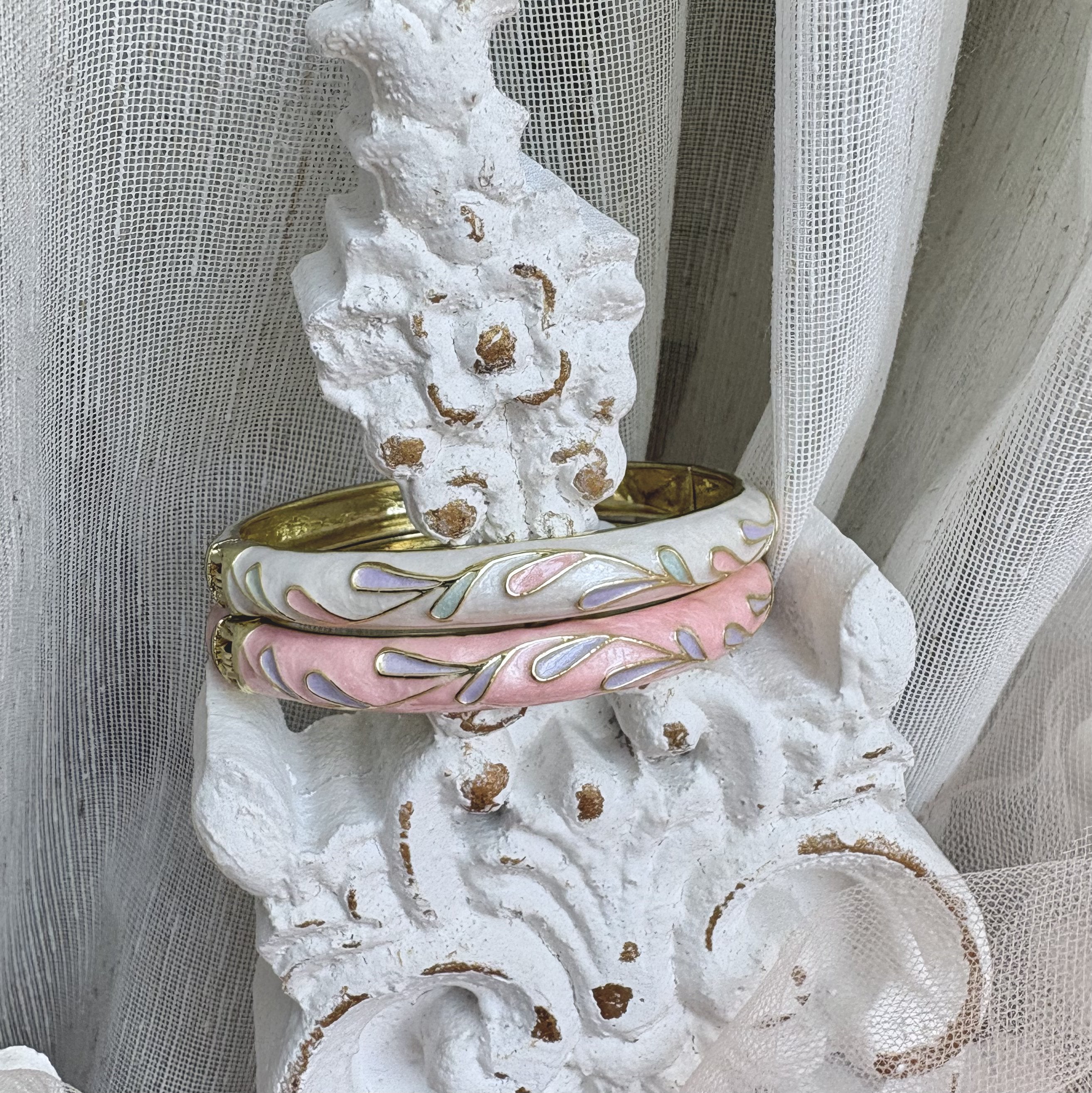 Cloisonné Enamel Pastel Bangles - Meadow Swirl Gold Stacking Bracelets