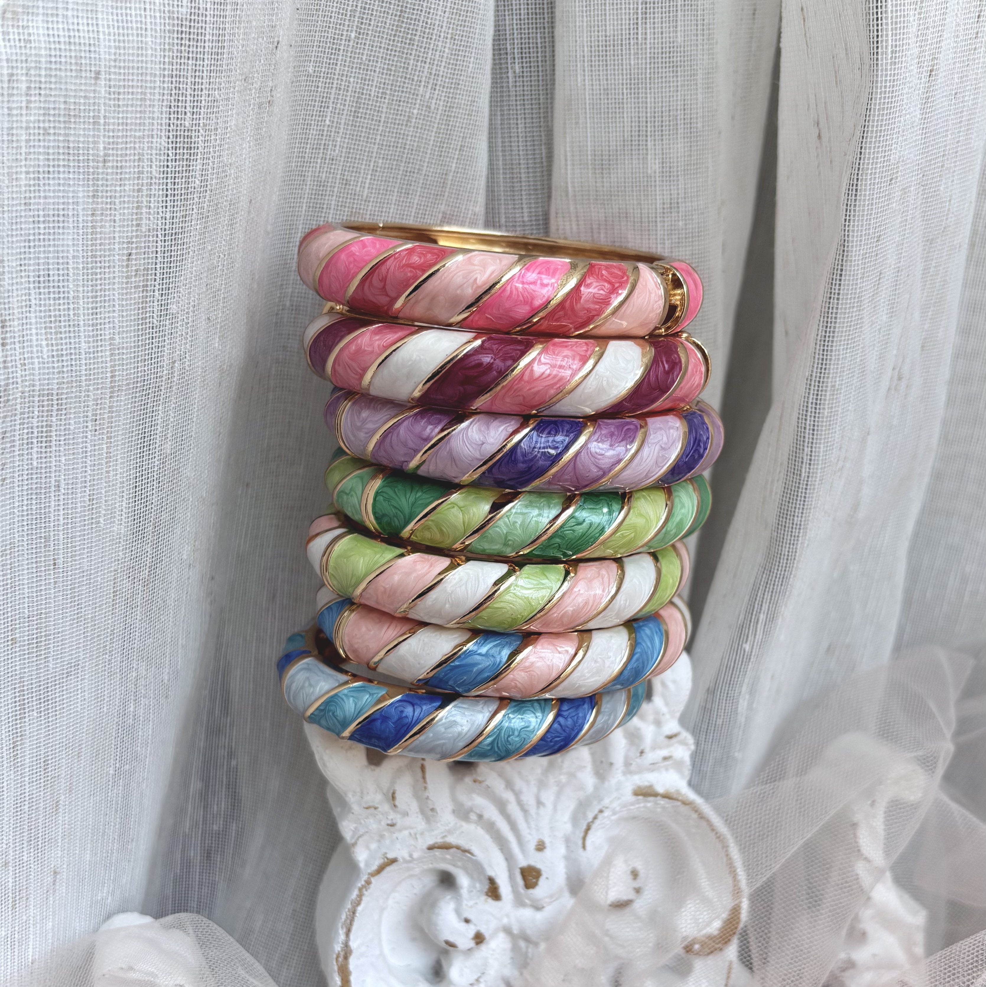 Cloisonné Enamel Colourful Bangles - Candy Twirl Gold Stacking Bracelets